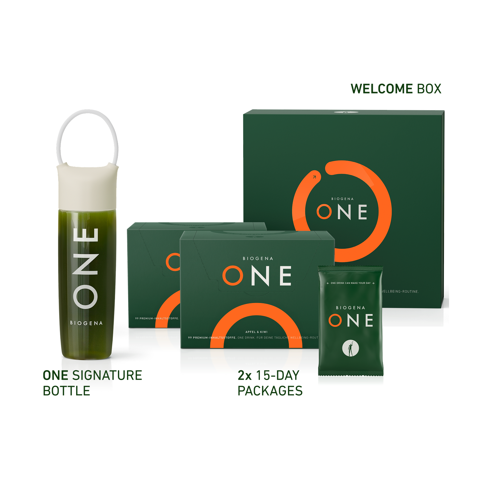 BIOGENA ONE Starter Bundle mit Geschenkbox, Sachets und ONE Signature-Trinkflasche